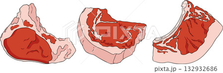 Colorful vector illustrations of various raw meat cuts, with detailed textures 132932686
