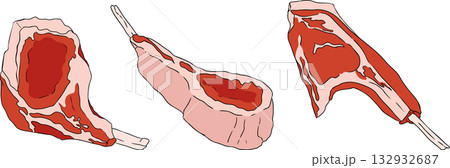 Colorful vector illustrations of various raw meat cuts, with detailed textures 132932687