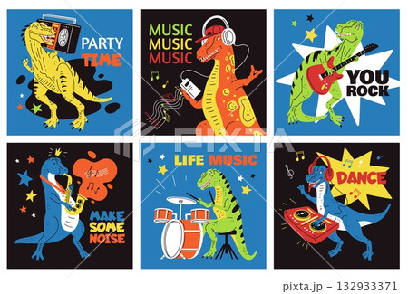Cute dinosaur listening music, playing saxophone, electric guitar and drums, colorful vector posters set bright design Cute dinosaur listening music, playing saxophone, electric guitar and drums, colorful vector posters set bright design 132933371