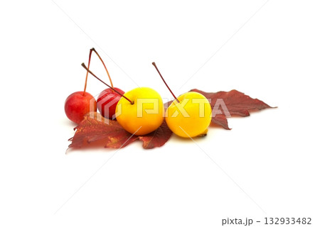 Vibrant crabapples and autumn leaves on a clean white background Vibrant crabapples and autumn leaves on a clean white background 132933482