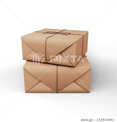 Kraft paper gift box tied with string, isolated on white background. 3D Illustration. File with Clipping Path. Kraft paper gift box tied with string, isolated on white background. 3D Illustration. File with Clipping Path. 132933643