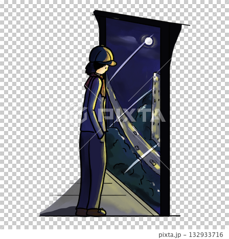 A lonely person stands indoors gazing out a large window at night cartoon illustration 132933716