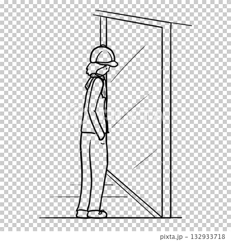 A person stands indoors gazing out a large window cartoon outline illustration 132933718