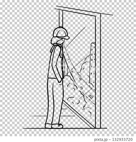 A man stands indoors watching view through a large window cartoon outline illustration 132933720
