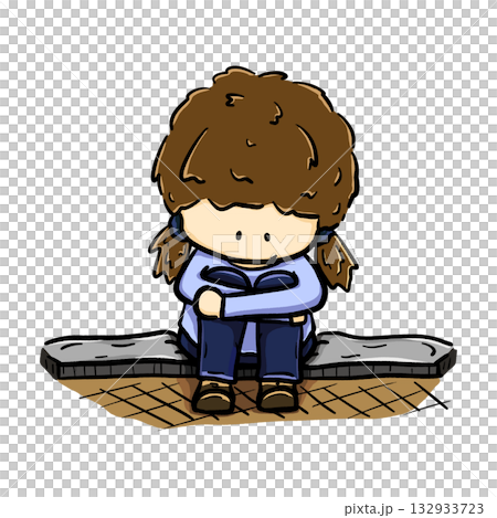 Cartoon girl sitting on bench hugging knees illustration Cartoon girl sitting on bench hugging knees illustration 132933723