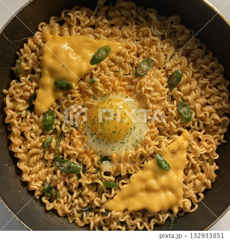 Shin Ramyun,close up of Ramyeon or Ramyun is a Korean-style soup noodle dish with a spicy flavor. Ramyeon or Korean instant noodles with egg - Korean food style 132933851