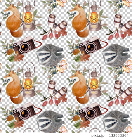 Badger, fox, vintage lantern, binoculars, retro camera, leaves, berries seamless watercolor pattern on white background. Perfect for fabric prints, stationery, gift wrap, and autumn seasonal products. 132933864