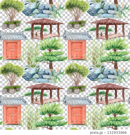 Asian style garden traditional gates, gazebo, decorative plants, watercolor illustration on blue. Hand drawn art perfect for cards, banners, posters. Korean traditional horizontal landscape clip art 132933866