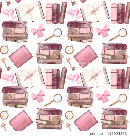 Vintage books, romantic accessories, ribbon, feather, magnifying glass, bow, key, clock. Seamless watercolor pattern perfect for stationery, wrapping paper, textiles, book lovers, cozy academic themes 132933868