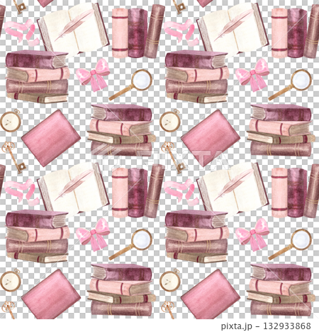 Vintage books, romantic accessories, ribbon, feather, magnifying glass, bow, key, clock. Seamless watercolor pattern perfect for stationery, wrapping paper, textiles, book lovers, cozy academic themes 132933868