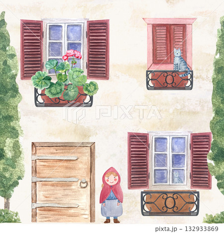 Mediterranean-style house facade with shuttered windows, flower pots, cat, front door, girl in red hood. Watercolor seamless pattern perfect for children books, story illustrations, cards, playful 132933869