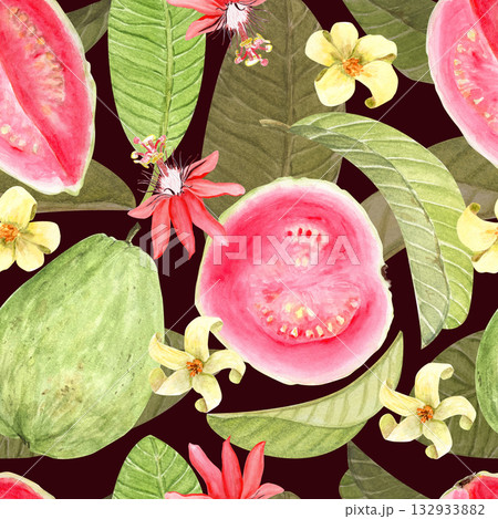 Guava fruits, flowers, and leaves seamless tropical pattern on a dark background. Hand painted watercolor illustrations. Ideal for textile design, packaging, wallpapers, eco-friendly branding projects Guava fruits, flowers, and leaves seamless tropical pattern on a dark background. Hand painted watercolor illustrations. Ideal for textile design, packaging, wallpapers, eco-friendly branding projects 132933882