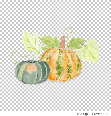 Orange and green pumpkins with speckles and leaves. Hand-painted watercolor autumn harvest element perfect for Thanksgiving design, Halloween, seasonal stationery, packaging, rustic kitchen decor 132933898