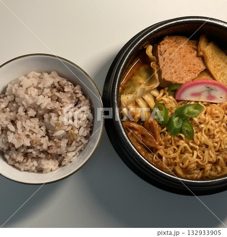 Shin Ramyun,close up of Ramyeon or Ramyun is a Korean-style soup noodle dish with a spicy flavor. Ramyeon or Korean instant noodles with egg - Korean food style 132933905