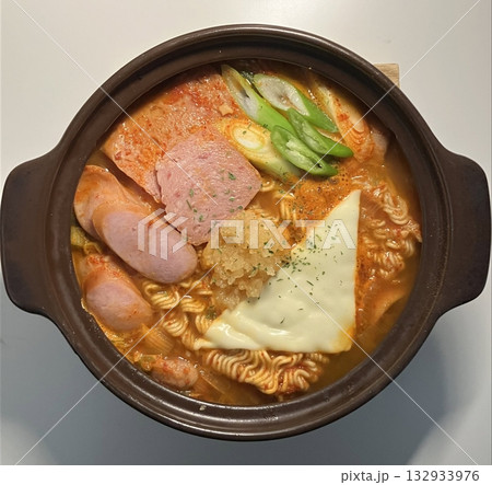 Shin Ramyun,close up of Ramyeon or Ramyun is a Korean-style soup noodle dish with a spicy flavor. Ramyeon or Korean instant noodles with egg - Korean food style 132933976