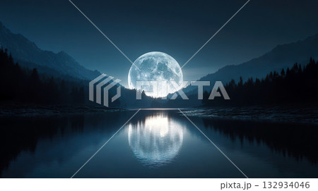 湖と山あいに沈む巨大な月のイメージ風景 132934046