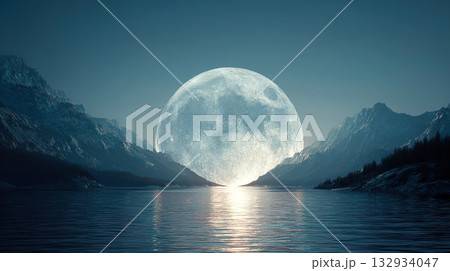 湖と山あいに沈む巨大な月のイメージ風景 湖と山あいに沈む巨大な月のイメージ風景 132934047