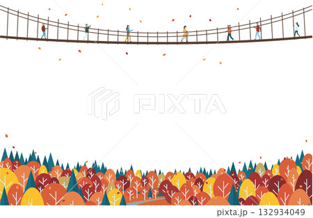 秋の吊り橋を渡る人たちと紅葉の森のフレーム 132934049