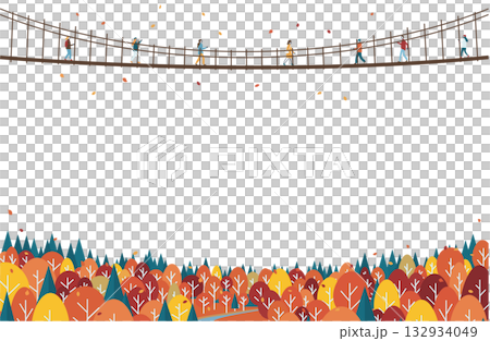 秋の吊り橋を渡る人たちと紅葉の森のフレーム 132934049