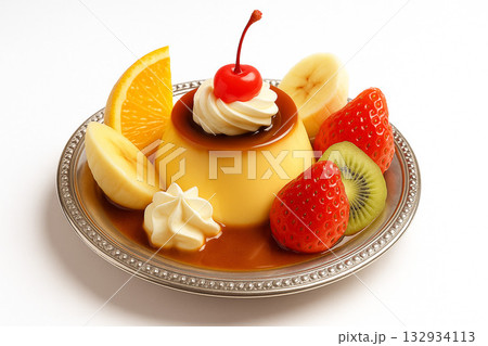 銀皿に盛り付けられたプリンアラモード 132934113