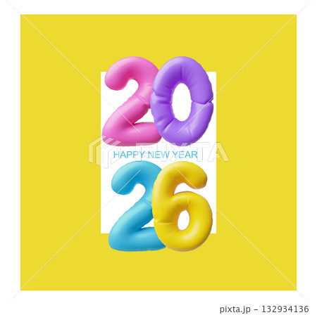 A bright 3D poster with multicolored inflated letters 2026 on a yellow background. 132934136