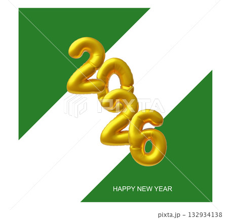 Happy New Year, 3D poster with gold inflatable numbers 2026. 132934138
