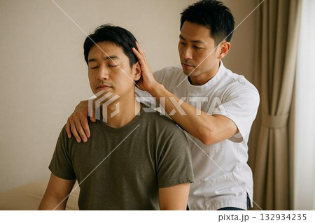 整体の施術を受ける男性 整体の施術を受ける男性 132934235