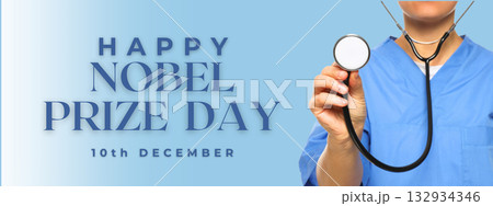 A person in blue scrubs holding a stethoscope on Nobel Prize Day 132934346