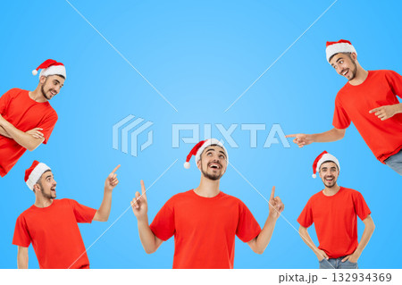 Man in red shirt and Santa hat strikes cheerful poses 132934369