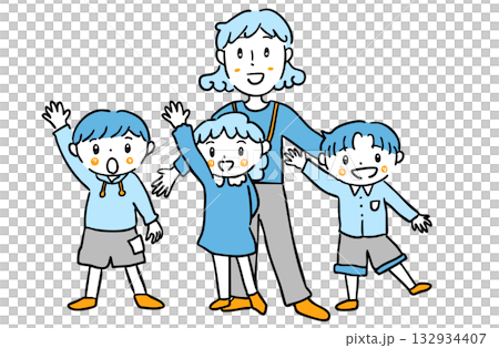 先生と手を挙げる子どもたちのイラスト／保育園・幼稚園・療育素材 132934407