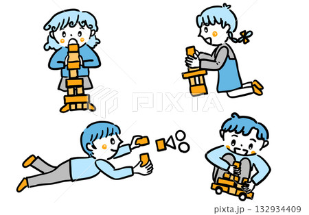 積み木で遊ぶ子どもたちのイラスト／保育園・幼稚園・療育素材 132934409