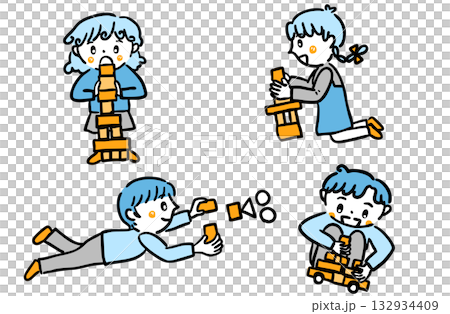 積み木で遊ぶ子どもたちのイラスト／保育園・幼稚園・療育素材 132934409