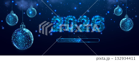 Postcard Happy New Year 2026. Numbers from a polygonal wireframe mesh with Christmas balls. Low poly design. Abstract vector illustration on a dark background. 132934411