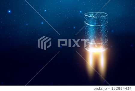 Barrel with oil launch, wireframe polygonal style. The price of oil is falling or growth concept with glowing low poly barrel of petroleum. Futuristic modern abstract background. Vector illustration. Barrel with oil launch, wireframe polygonal style. The price of oil is falling or growth concept with glowing low poly barrel of petroleum. Futuristic modern abstract background. Vector illustration. 132934434