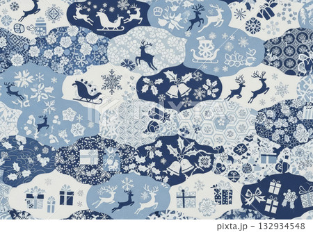 雲取り模様の和洋折衷クリスマス千代紙テクスチャ 青系 132934548