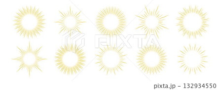 Gold wavy sunburst frame set. Golden curly radial sun light border collection. Retro royal sun beams or rays pack for cadre, decor, mirror, label, badge, emblem. Vector gilded vintage round boarders 132934550