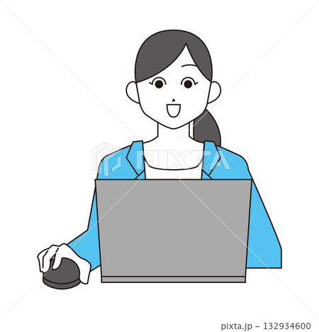 ノートパソコン作業をする女性のイラスト素材　笑顔 132934600