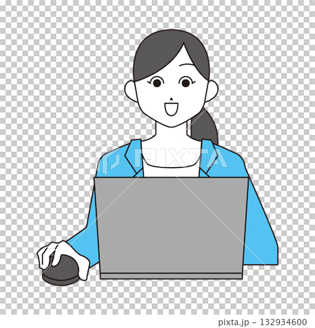 ノートパソコン作業をする女性のイラスト素材　笑顔 132934600