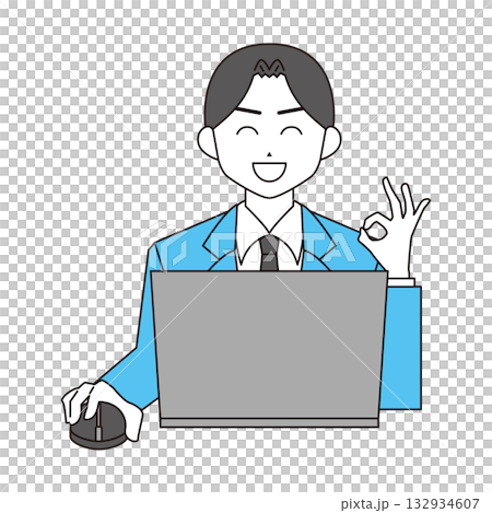 Illustration of a man working on a laptop OK 132934607