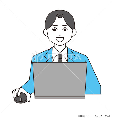 ノートパソコン作業をする男性のイラスト素材　笑顔 132934608