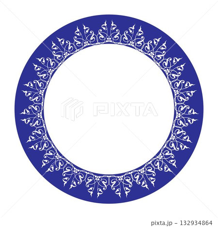 Beautiful round frame arabesques. Blue white plate with floral design. Vintage, ethnic vector frame with arabesques. Round frame with floral ornament. For round surfaces, textiles, embroidery 132934864