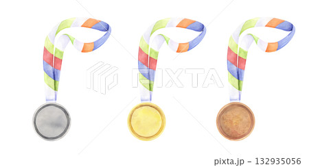 Gold silver and bronze medals watercolor illustration 132935056