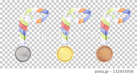 Gold silver and bronze medals watercolor illustration 132935056