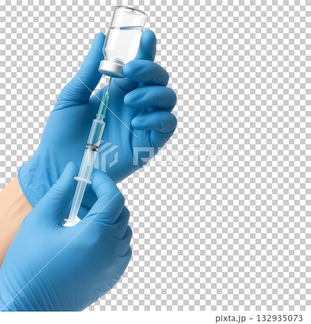 hand in blue glove holding a syringe 132935073