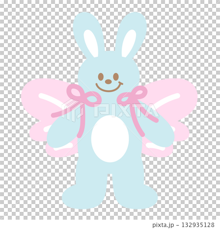 Cute illustration of bunny with butterfly wings, pink ribbon for animal decoration, rabbit cartoon, pet shop, vet, characters, comic, mascot, patch, brooch, nature, garden, zoo, souvenir shop, sticker 132935128