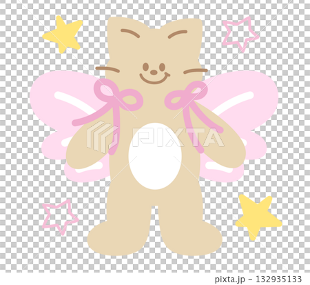 Cute illustration of brown cat with butterfly wings, stars, pink ribbon for animal decoration, kitten cartoon, cat drawing, pet shop, vet, characters, comic, mascot, patch, brooch, foster home, adopt 132935133