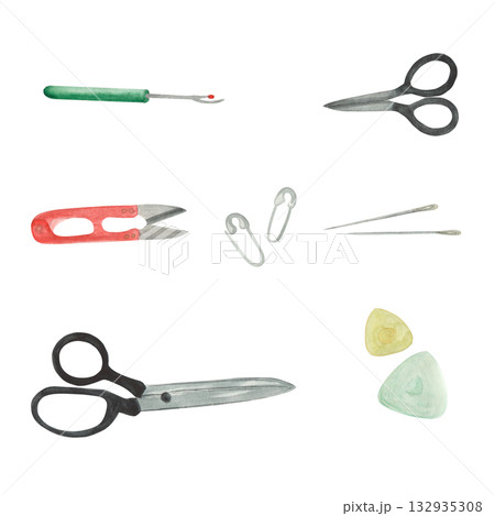 Watercolor illustration of a sew kit. Items for cutting. For books and covers. Watercolor illustration of a sew kit. Items for cutting. For books and covers. 132935308