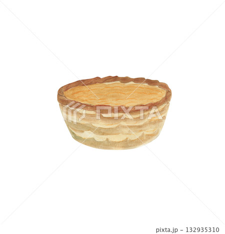Watercolor illustration of a basket for berries, objects and food. Suitable for use at home in stores or on a trip to the countryside. 132935310