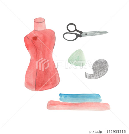 Watercolor illustration of a sewing kit. Hand-drawn illustrations of a measuring tape and sewing machine. Suitable for a studio or school, as well as for a designer. Watercolor illustration of a sewing kit. Hand-drawn illustrations of a measuring tape and sewing machine. Suitable for a studio or school, as well as for a designer. 132935316