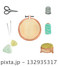 Watercolor illustration of a sew kit. Suitable for a studio or school, as well as for a designer. Embroidery 132935317